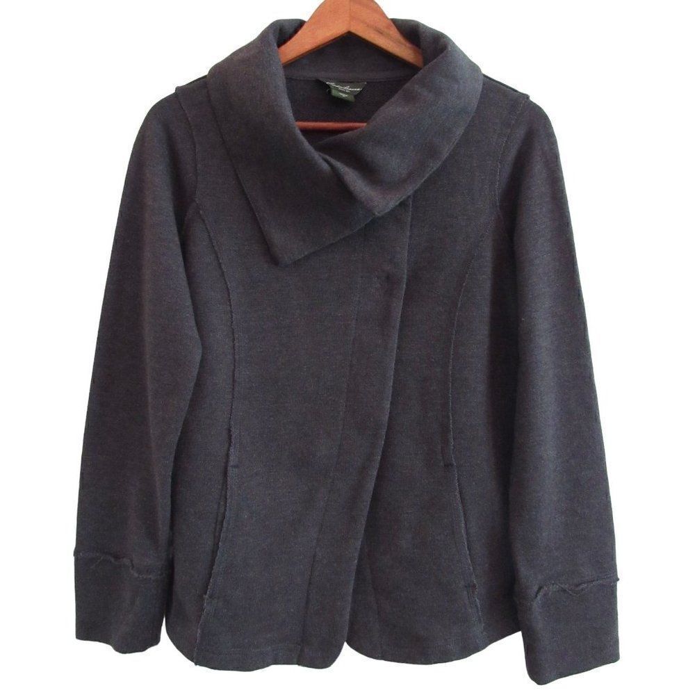 Eddie Bauer Dk Gray Moto Raw Edge Cardigan Sweater Snap Front Cowl Neck Jacket M